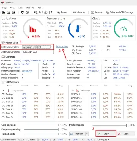 Pannello di controllo di QuickCPU