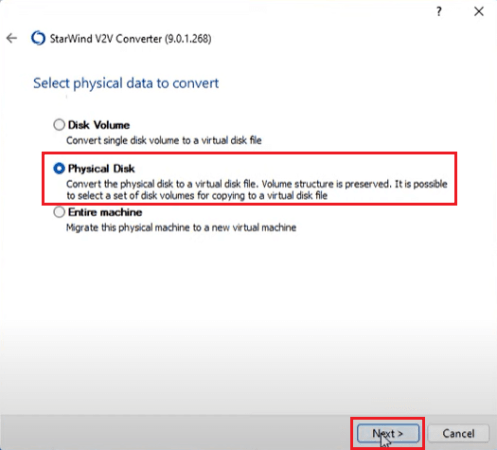 Seleziona la conversione fisica di un hard disk