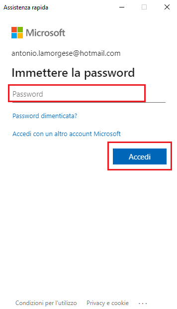 immettere credenziali account Microsoft