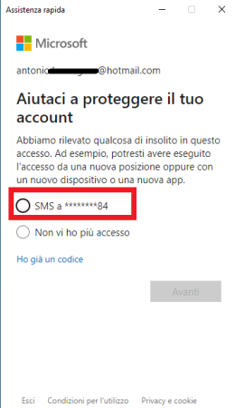 Richiesta codice SMS per garantire autentica alla richiesta di assistenza