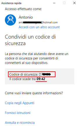 copia e incolla il codice di sicurezza da inviare al richiedente assistenza