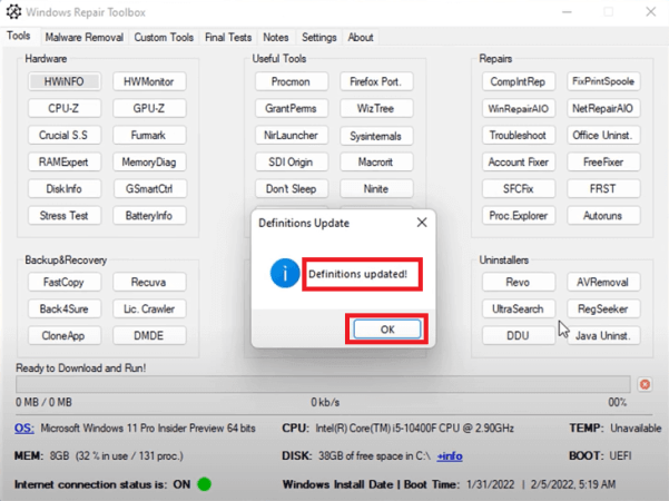 Aggiornamento definizioni Virus all'apertura di Windows Repair Toolbox