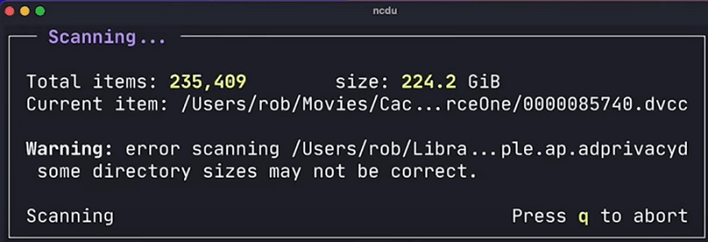 ncdu command running command line scan