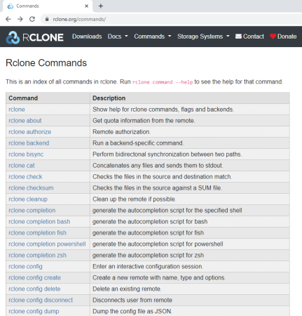 tutte le opzioni disponibili per il comando rclone