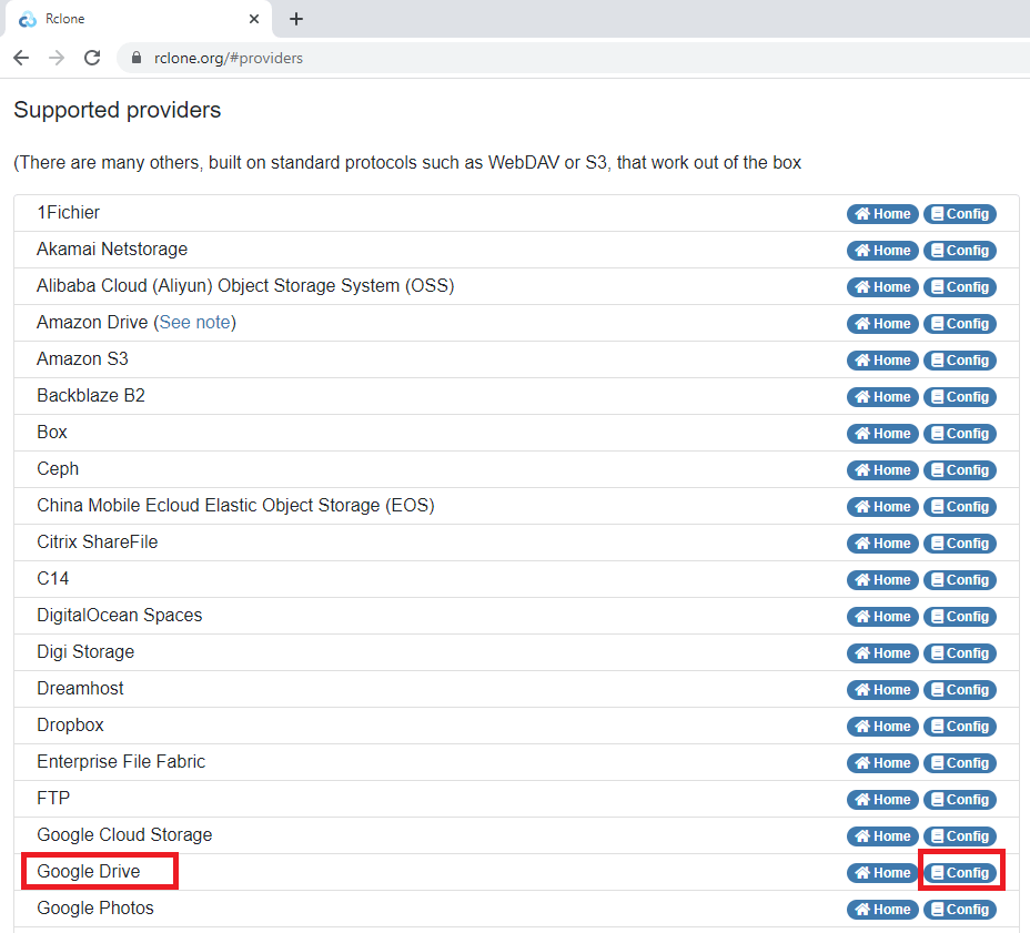 providers supported by the rclone command.