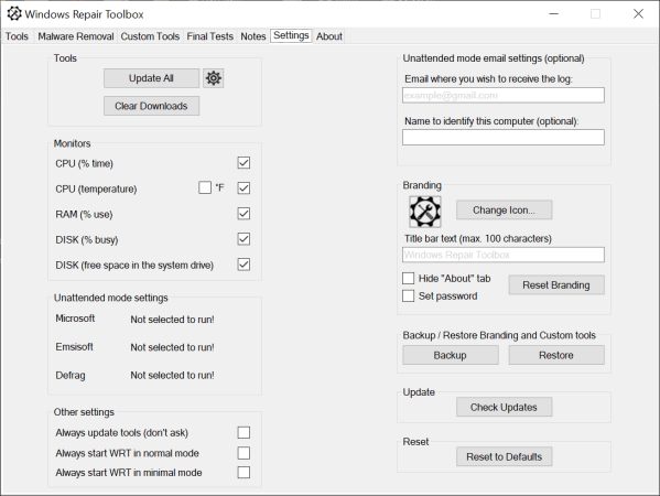 Windows Repair Toolbox - Impostazioni