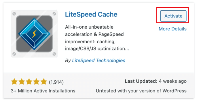 Download and activate LiteSpeed Cache in WordPress to speed up your website