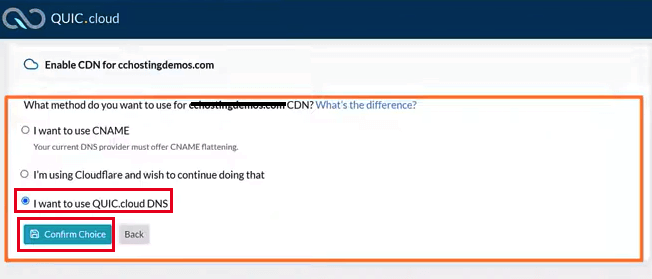 Confirm your choice to use Quic.cloud DNS