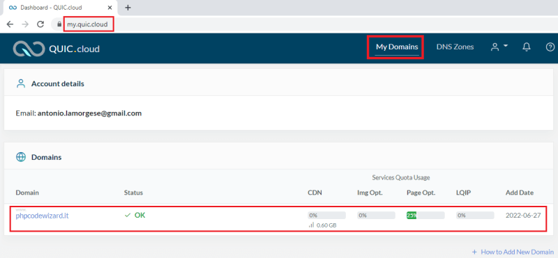 Inizia la configurazione dei DNS su Quic.cloud