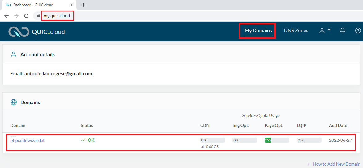 Start the DNS configuration on Quic.cloud