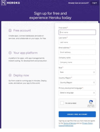 Modulo di registrazione di Heroku