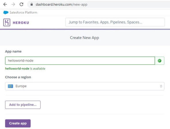 Creazione nuova app su Heroku