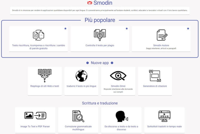 altre funzionalità disponibili sul portale smodin.io