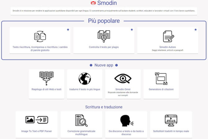 altre funzionalità disponibili sul portale smodin.io