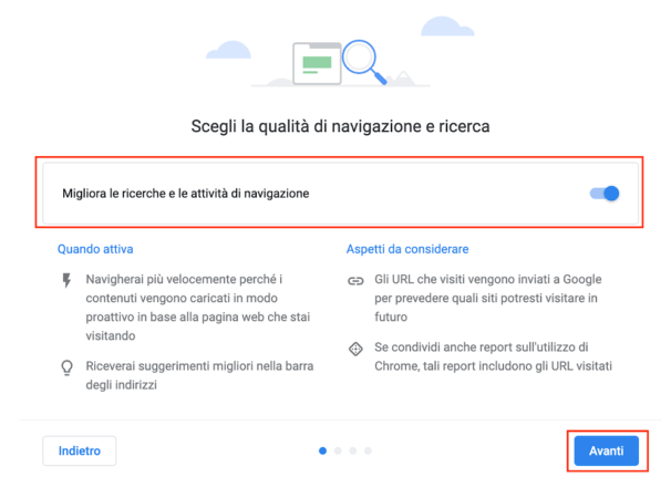 Attiva la voce "Migliora le ricerche e le attività di navigazione"