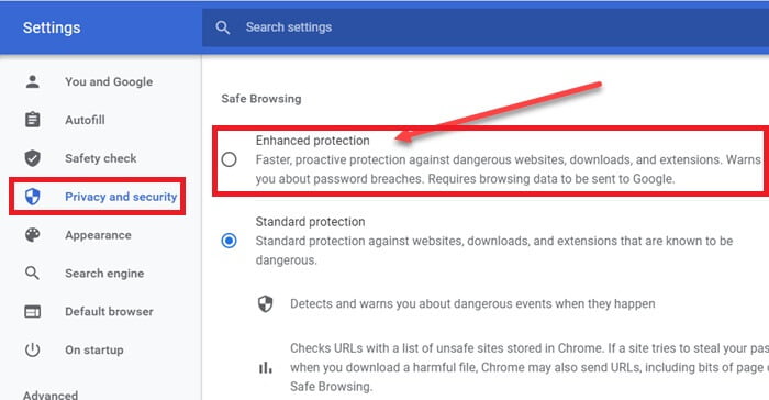 Turn on advanced protection in Google Chrome