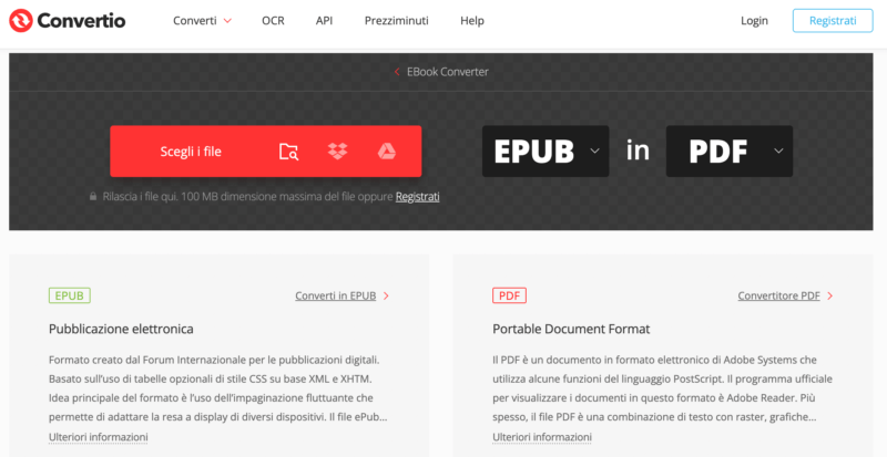 Converti EPUB in PDF su convertio