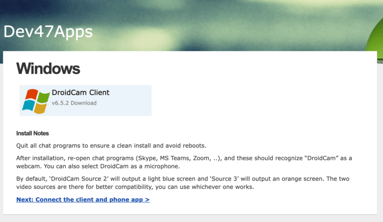 Home page do DroidCam - Baixe o aplicativo client
