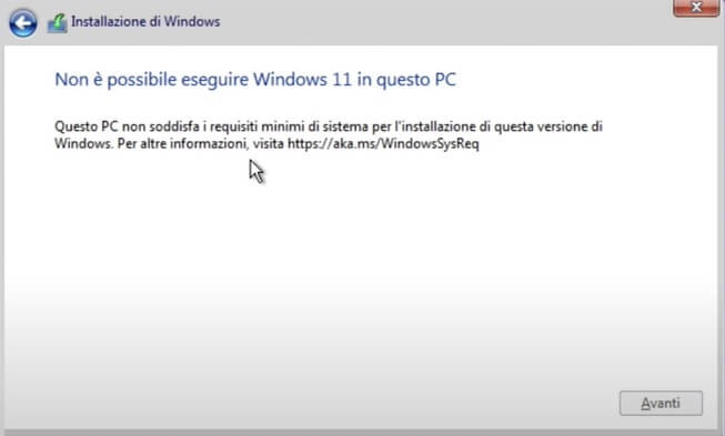 Avviso per mancata installazione Windows 11