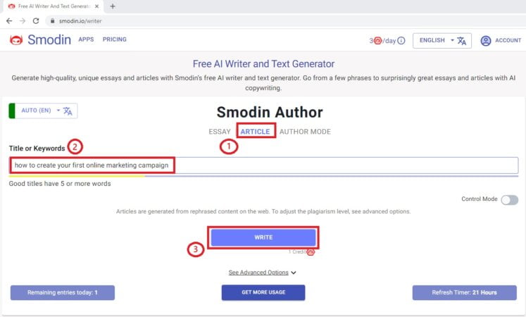 Generate text with "smodin author" mode