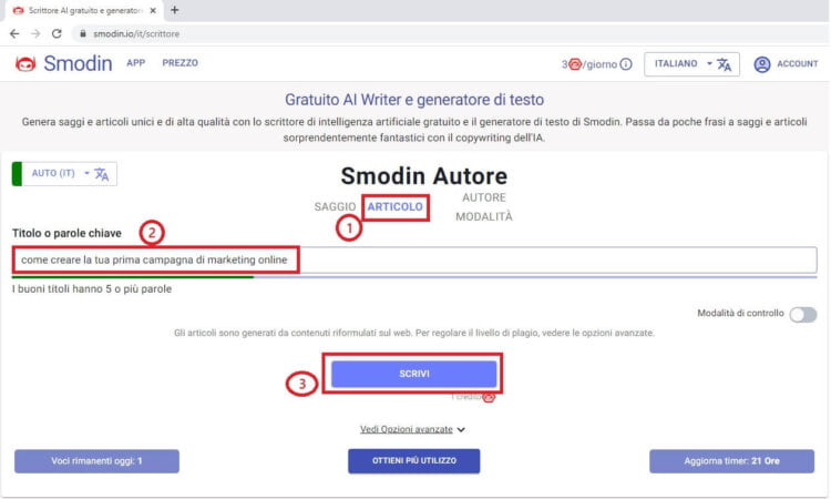 Genera testo con modalità "smodin autore"