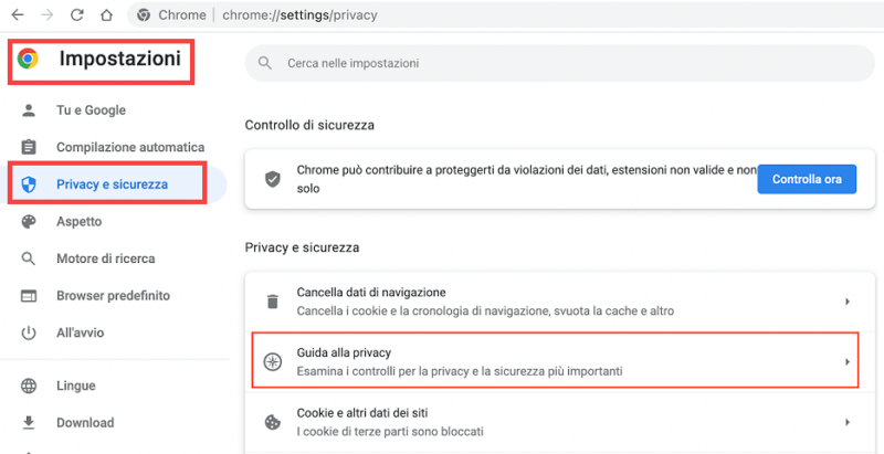 Accesso alla scheda "Privacy & Sicurezza" di Google Chrome