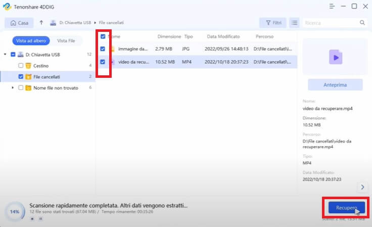 Recuperare file cancellati disponibili dopo la scansione