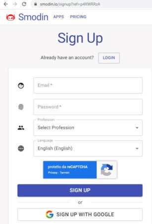 Registrazione al portale smodin.io