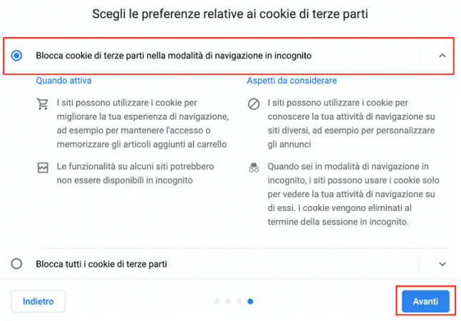 Blocca cookies di terze parti durante la navigazione in incognito