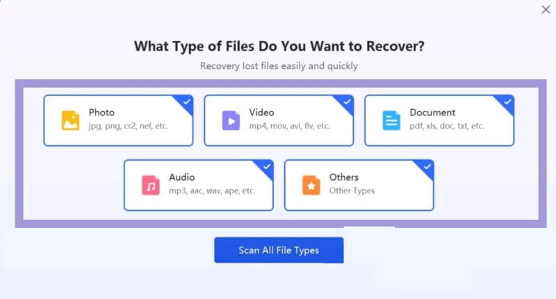 Select the file types to recover