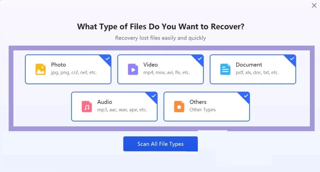 Seleccione los tipos de archivos para recuperar
