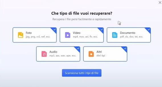 Seleziona i tipi di file da recuperare