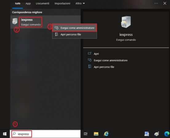 Esegui "iexpress" come amministratore