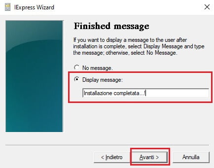 specifica il messaggio finale a conclusione dell'installazione