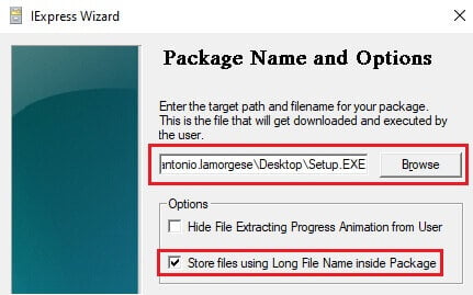Especifica el nombre del archivo de instalación, por ejemplo, "Setup.exe"