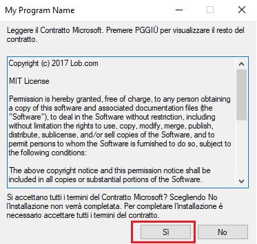 Accetta licenza in base alle informazioni contenute nel file "license.txt"