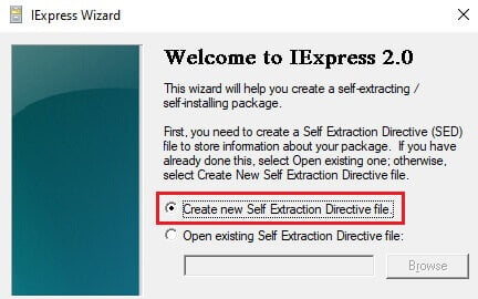 Welcome page of “iexpress”. Here you decide whether to create or open a project.