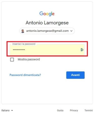 Compilazione automatica password per accesso Gmail