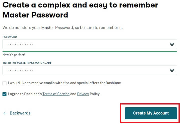 Create account Dashlane
