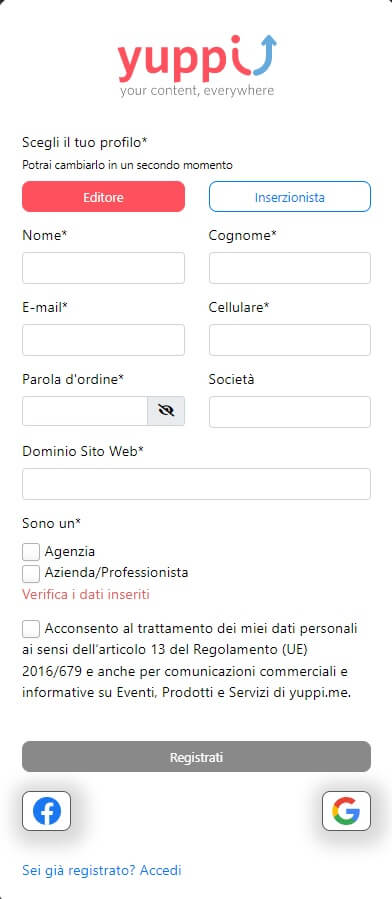 Modulo di registrazione