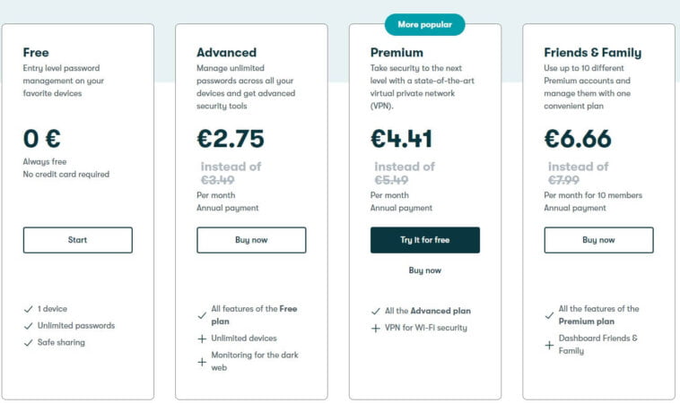 Dashlane plans and pricing