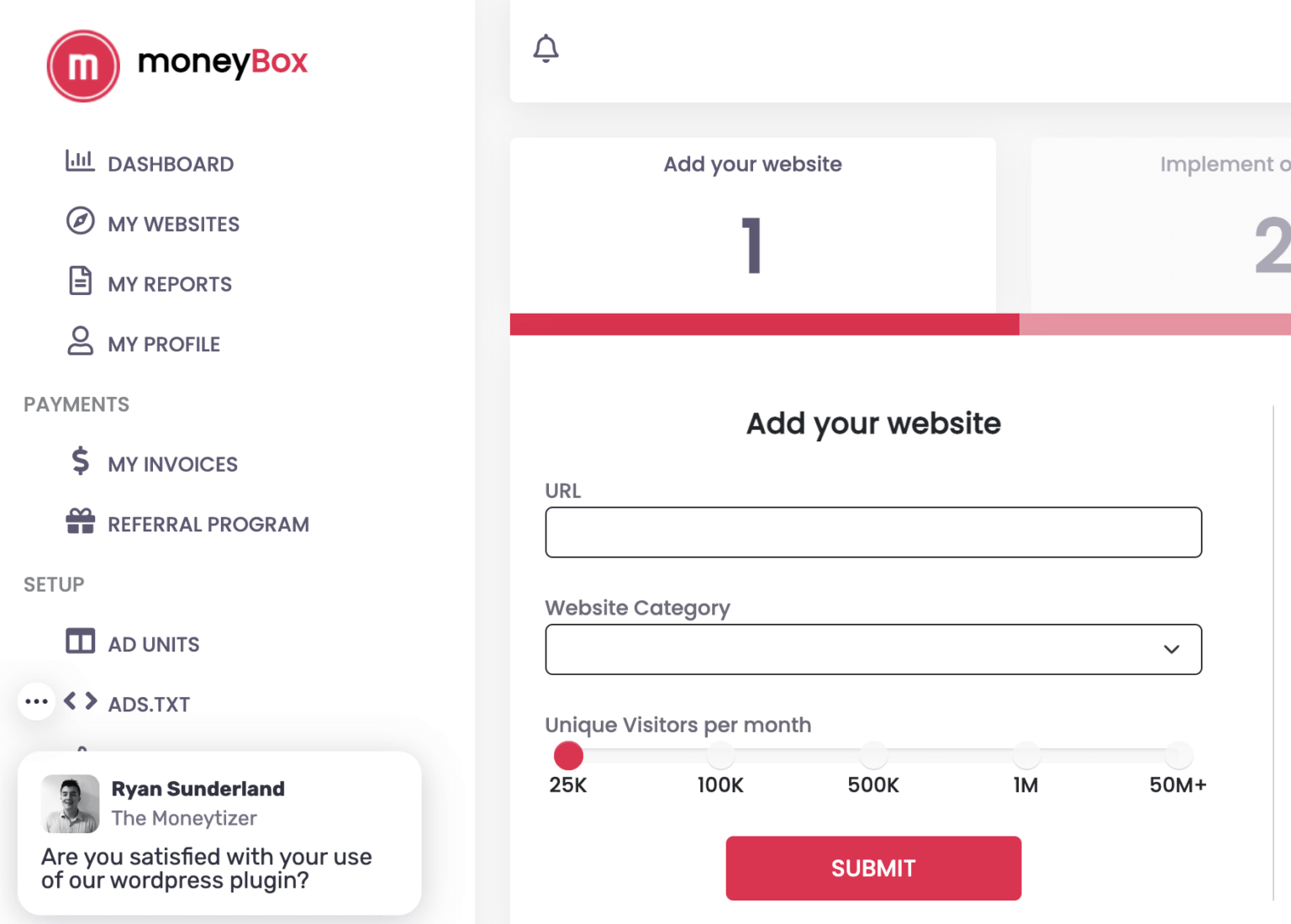 Hinzufügen einer neuen Website auf TheMoneytizer