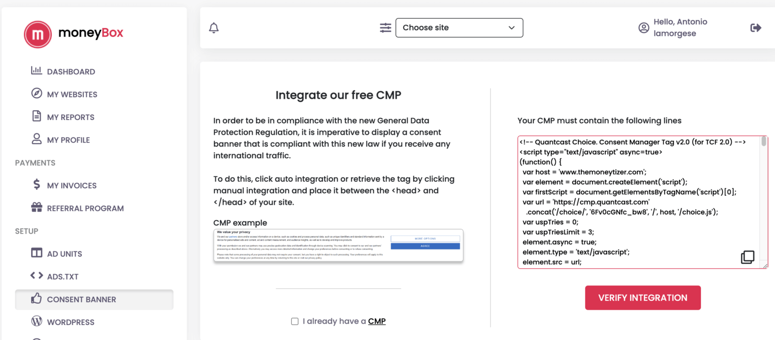 Integración del banner para el consentimiento al tratamiento de datos personales