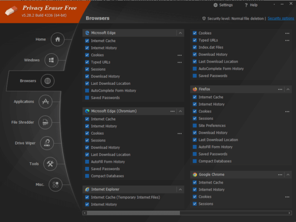 "Personalizar limpieza" en Privacy Eraser FREE