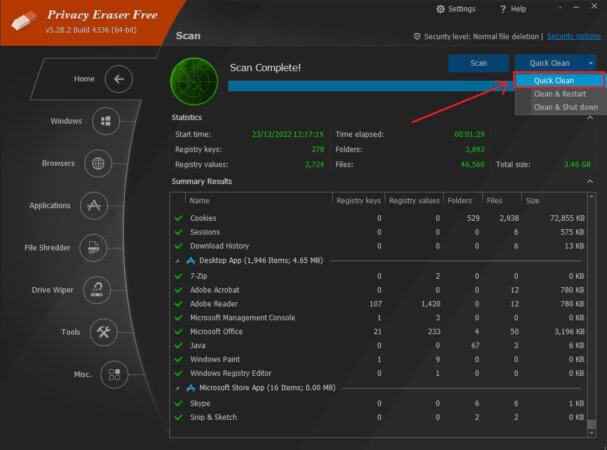 Numérisation terminée avec Privacy Eraser FREE