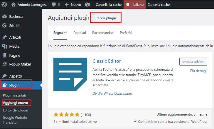Aggiungi un nuovo plugin in WordPress