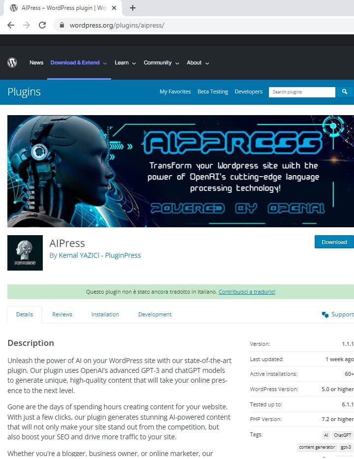 Información de la página del Plugin "AIPress"