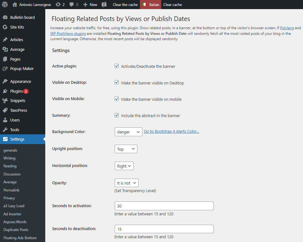 Page de configuration des plugins