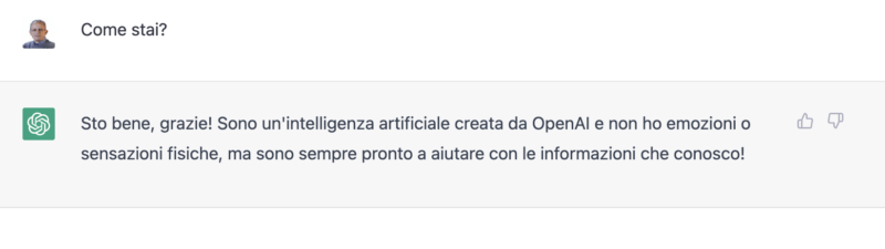 Messaggio inviato a ChatGPT con relativa risposta