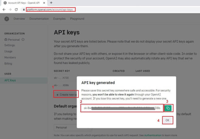 Secret Key ottenuta da OpenAI